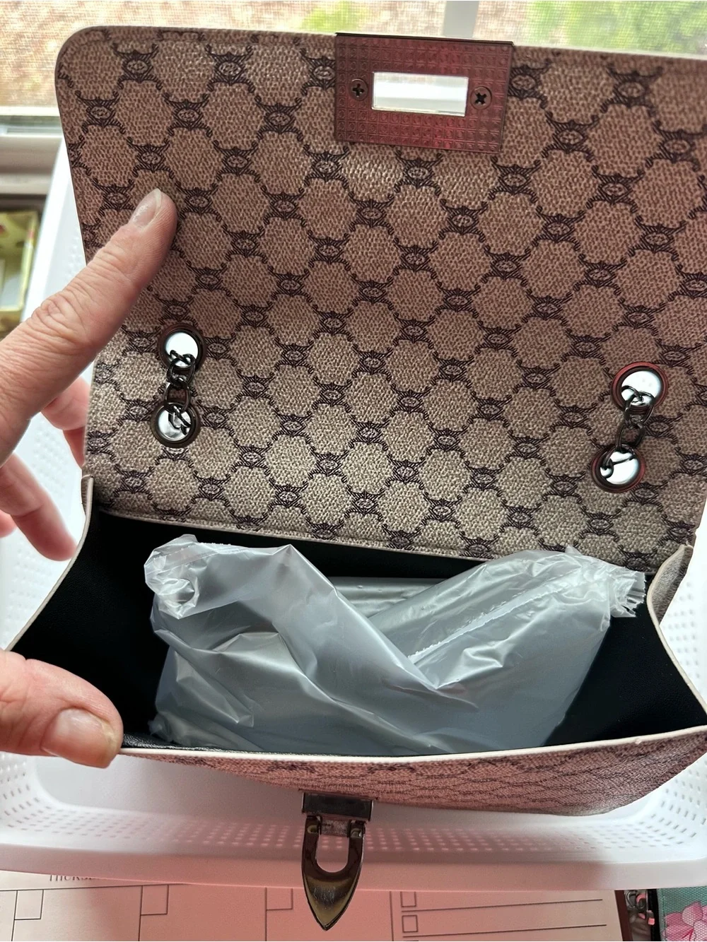Designer-Style Beige Patterned Crossbody Bag with Gunmetal Chain